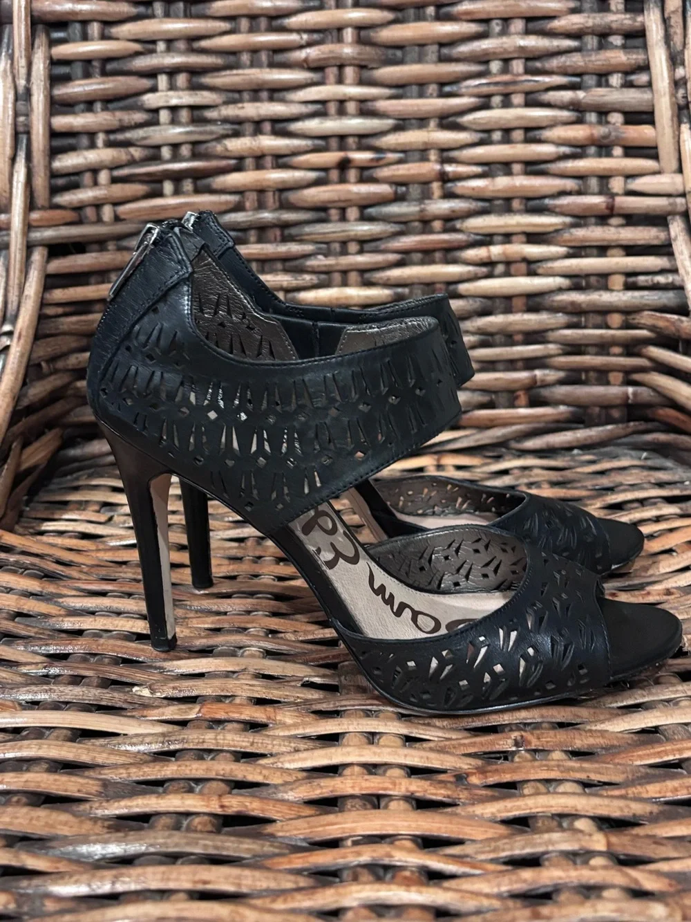 Sam Edelman Black Laser-Cut Ankle-Strap Stiletto Heels in size 10